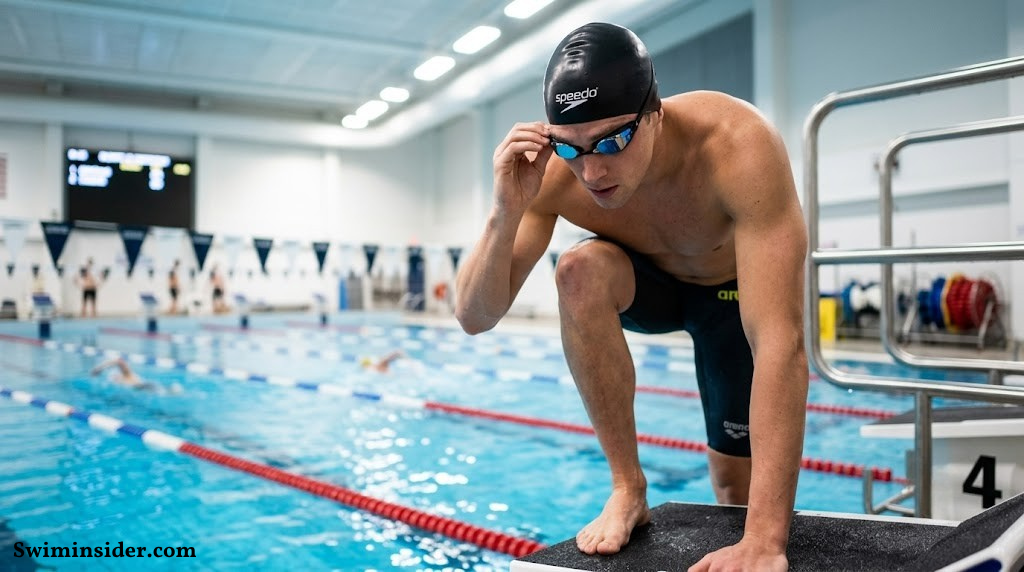 Professional swimmer getting ready at the pool block edge wearing high quality goggles