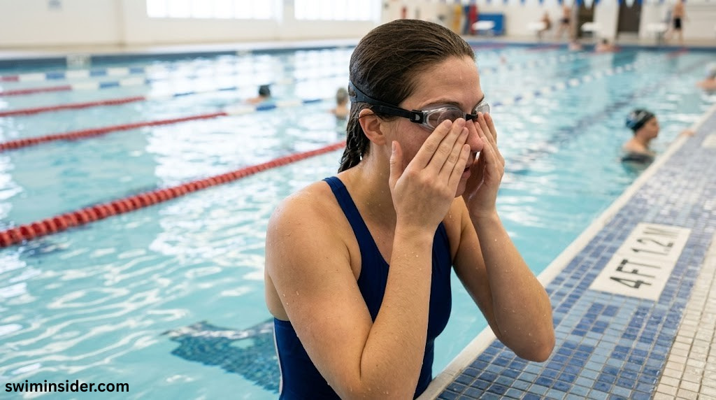 Swimmer at the pool edge pressing swim goggles against their face to check the seal