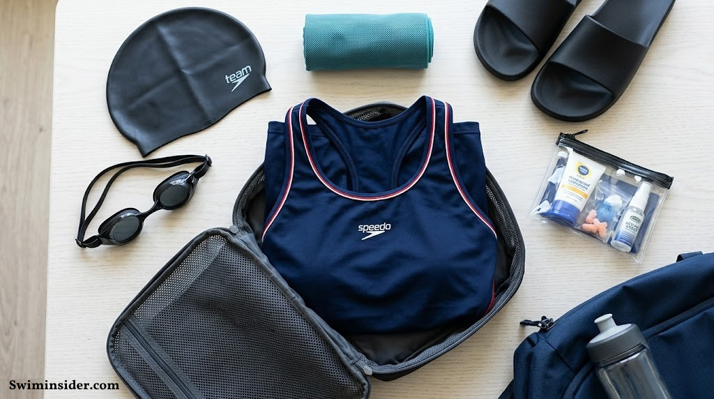 Flat lay of a one-piece competition swimsuit ready for packing