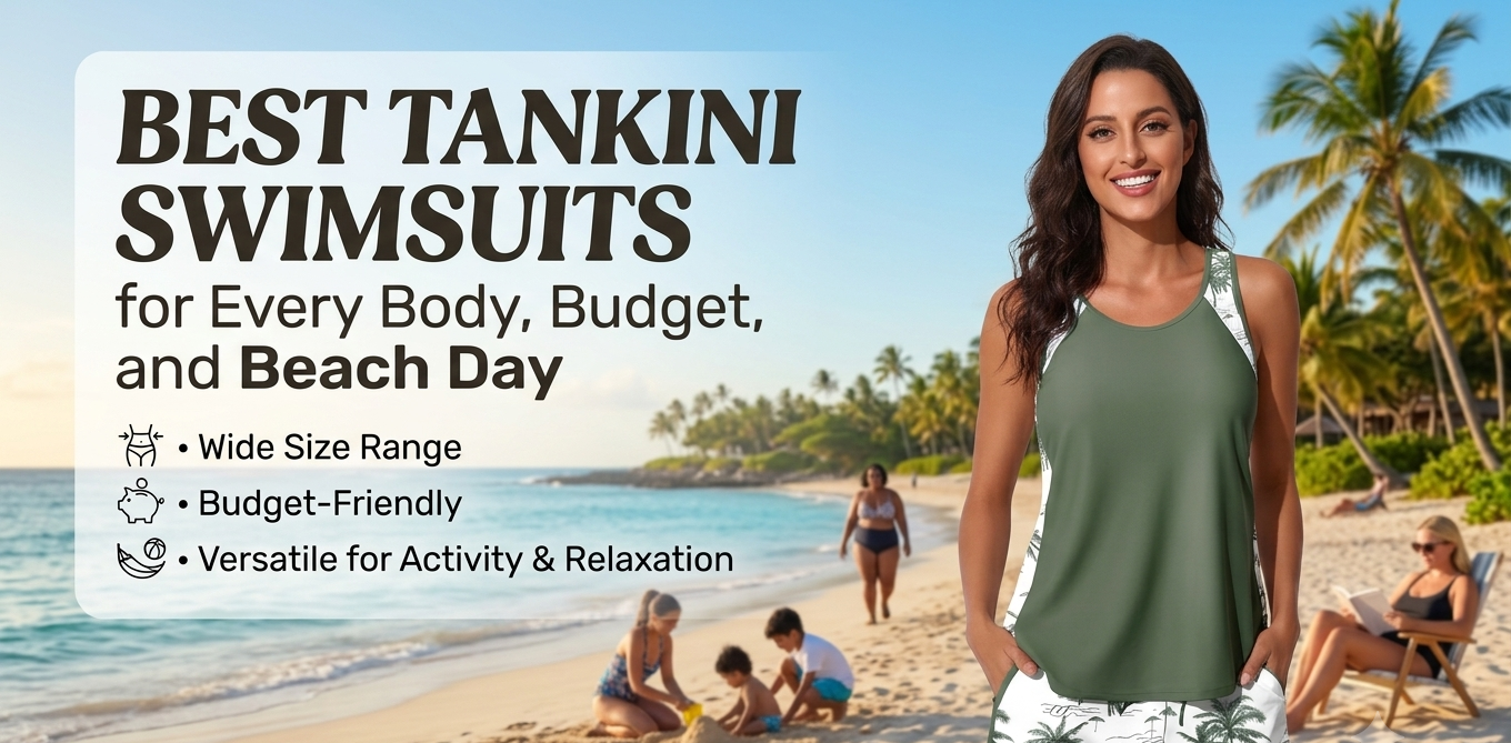 Blouson-style tankini swimsuit laid out, an example of a top-rated tankini silhouette
