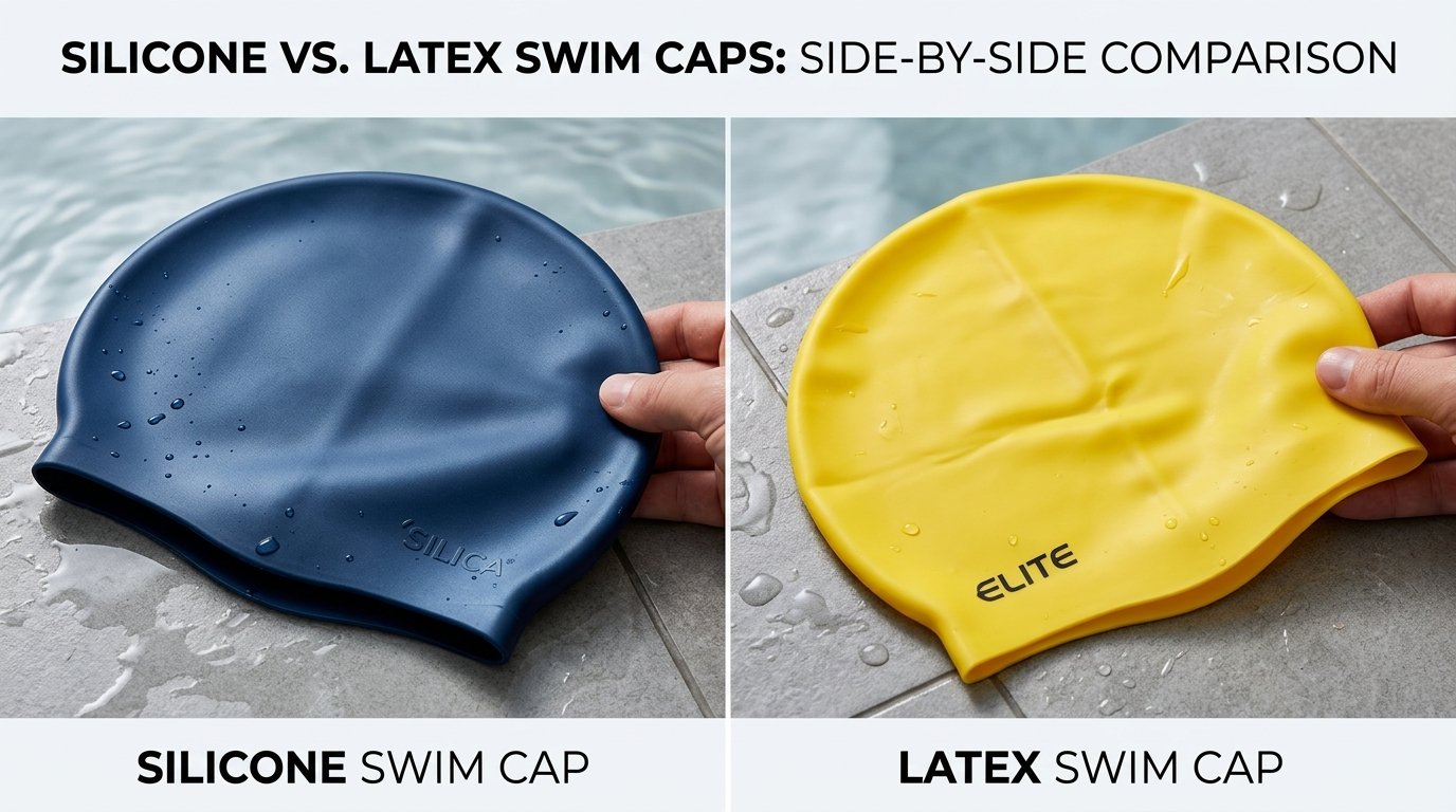 Close up comparison of a silicone swim cap and a latex swim cap side by side