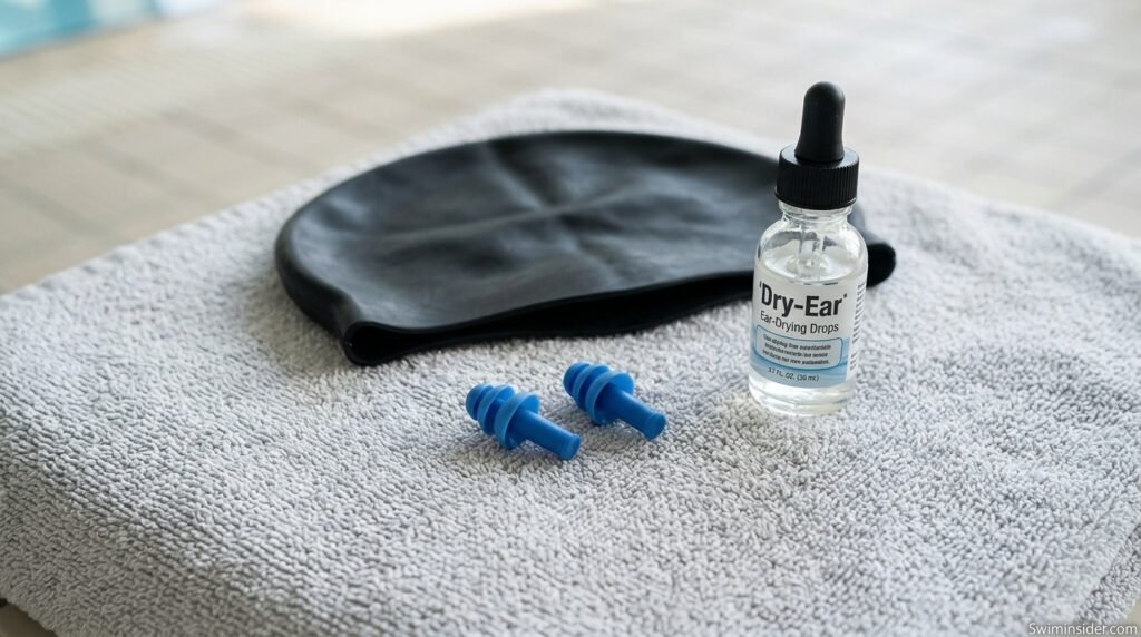 Close-up of ear plugs, a swim cap, and ear-drying drops laid out on a towel