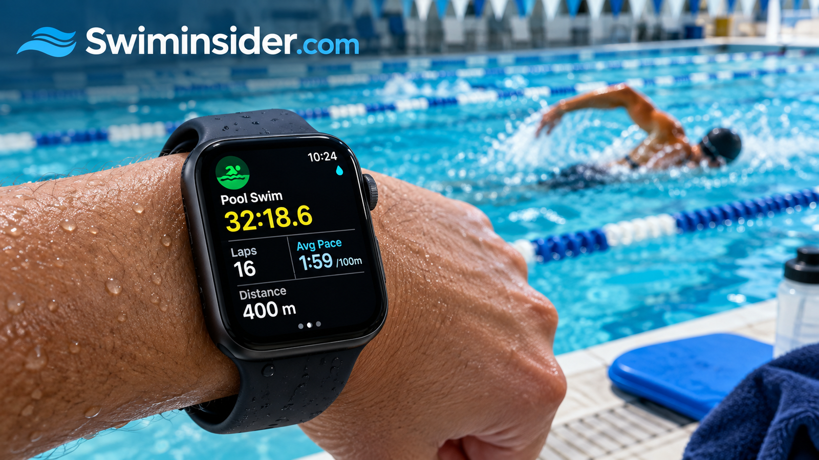 Apple Watch showing a pool swim workout screen with lap count and pace