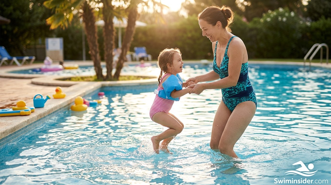 Parent and child playing together in a shallow swimming pool