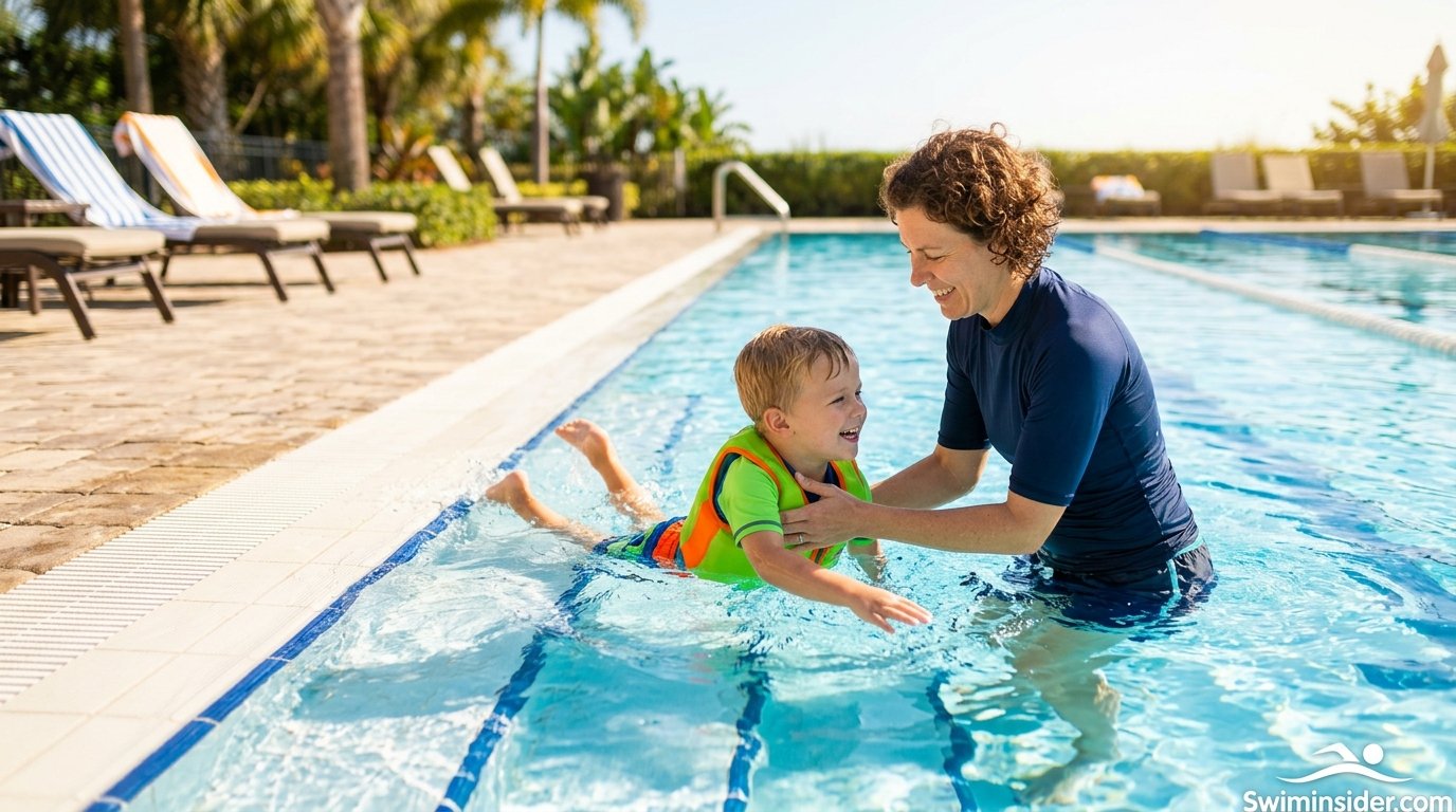 Parent teaching a smiling child to swim in a sunny pool