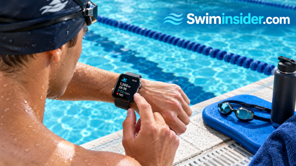 Person checking an Apple Watch at the edge of a swimming pool