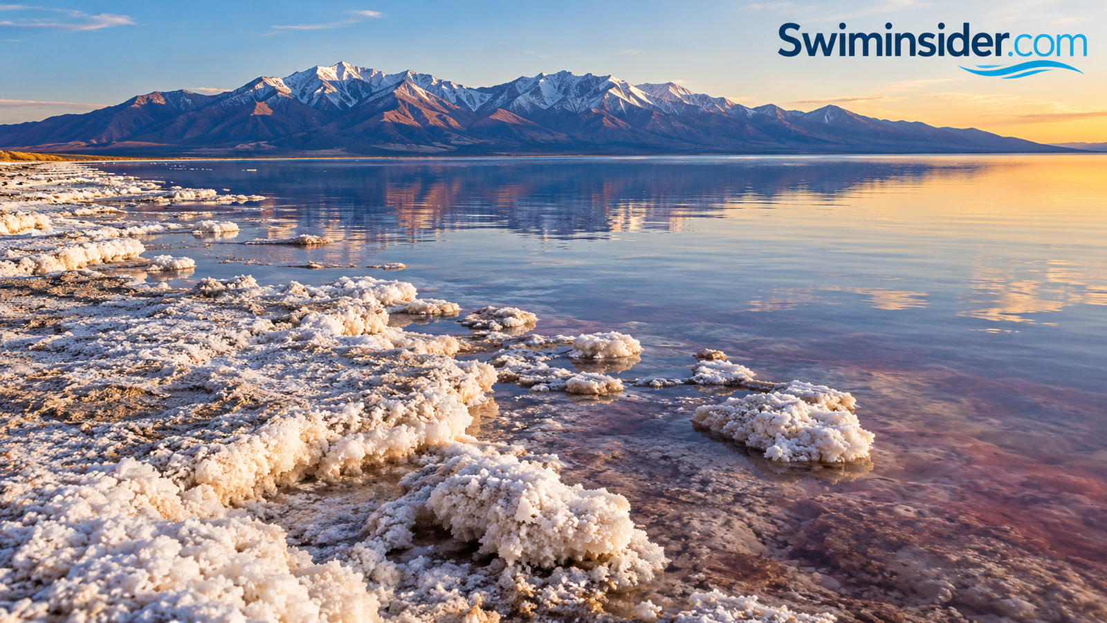 Salt-crusted shoreline of the Great Salt Lake with mountains behind