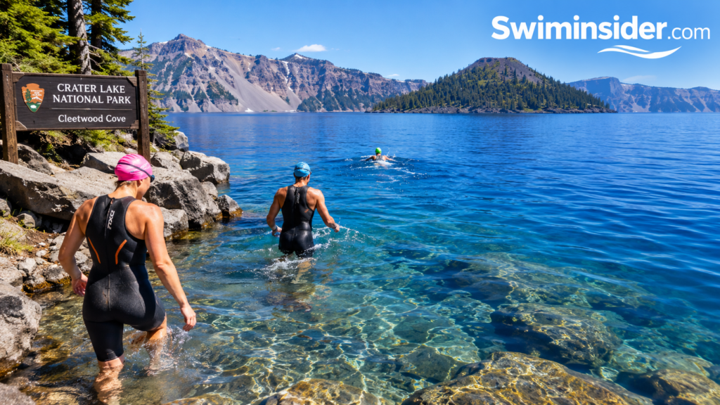 Swimmers entering clear blue water at the Cleetwood Cove shoreline in Crater Lake National Park