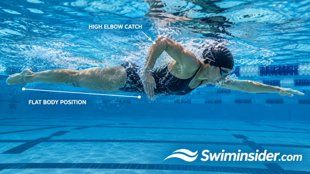 Underwater view of a swimmer with a high elbow catch and flat body position